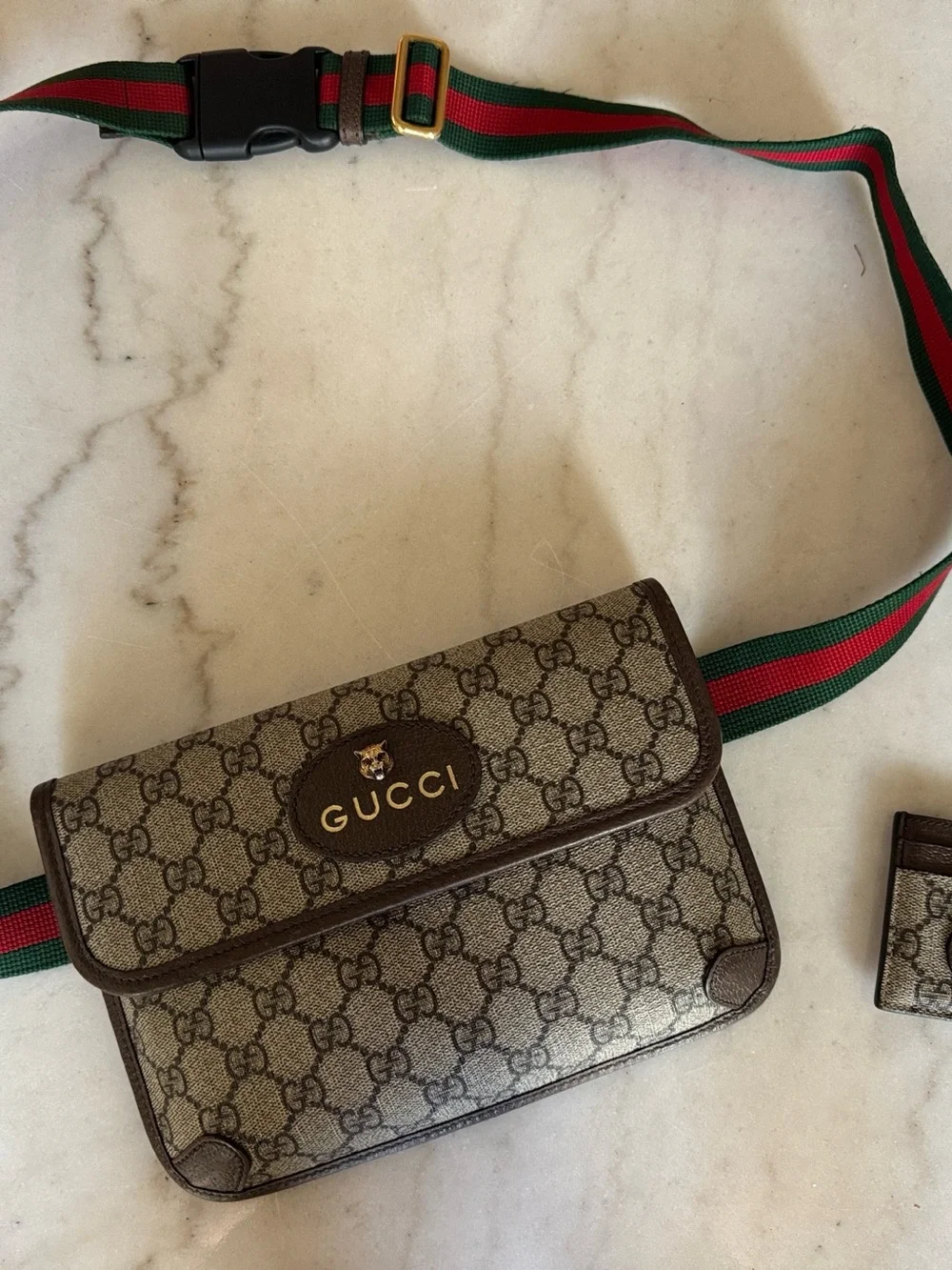 Gucci Beige GG Supreme Monogram Belt Bag with Green-Red Web Strap